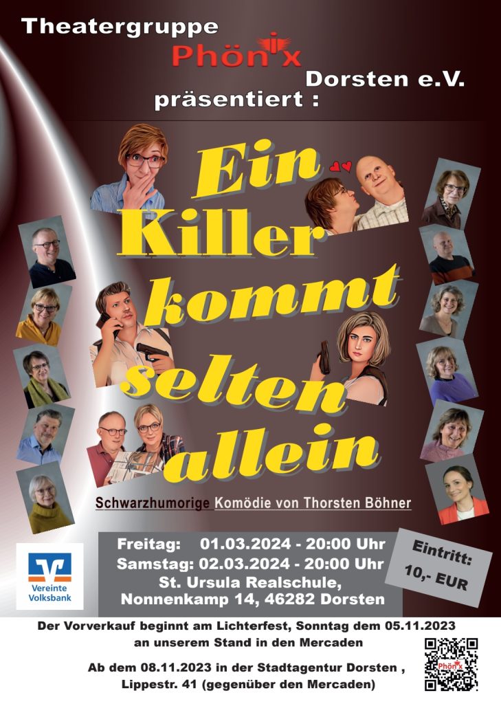 Die Theatergruppe Phönix präsentiert ihrem Publikum die mörderische Komödie „Ein Killer kommt selten allein“ von Thorsten Böhner in der Aula der St.-Ursula-Realschule.